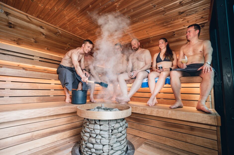 People enjoying a custom Nordic Sauna.
